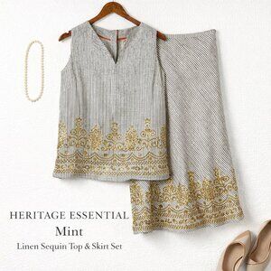 Mint 100% Linen Sequin Top Skirt Set Shell Buttons Size 10